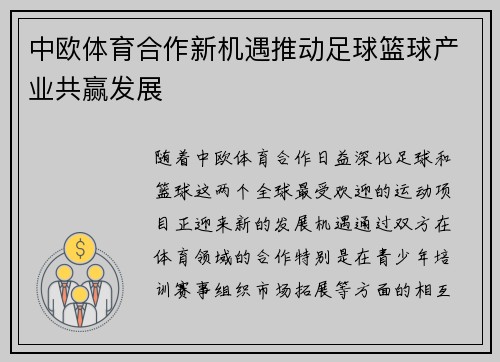 中欧体育合作新机遇推动足球篮球产业共赢发展