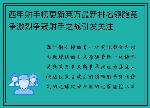 西甲射手榜更新莱万最新排名领跑竞争激烈争冠射手之战引发关注